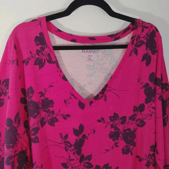 CLEARANCE Roamans L Top Pink Berry Floral Black Rose Print Comfy Plus Size 2X - Picture 3 of 11
